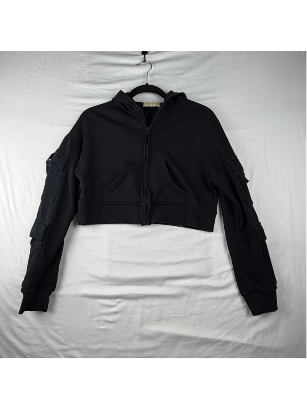 Qinsen Cropped Zip Up Hoodie XS Black Cargo Sleeve Utility Jacket Y2K Streetwear